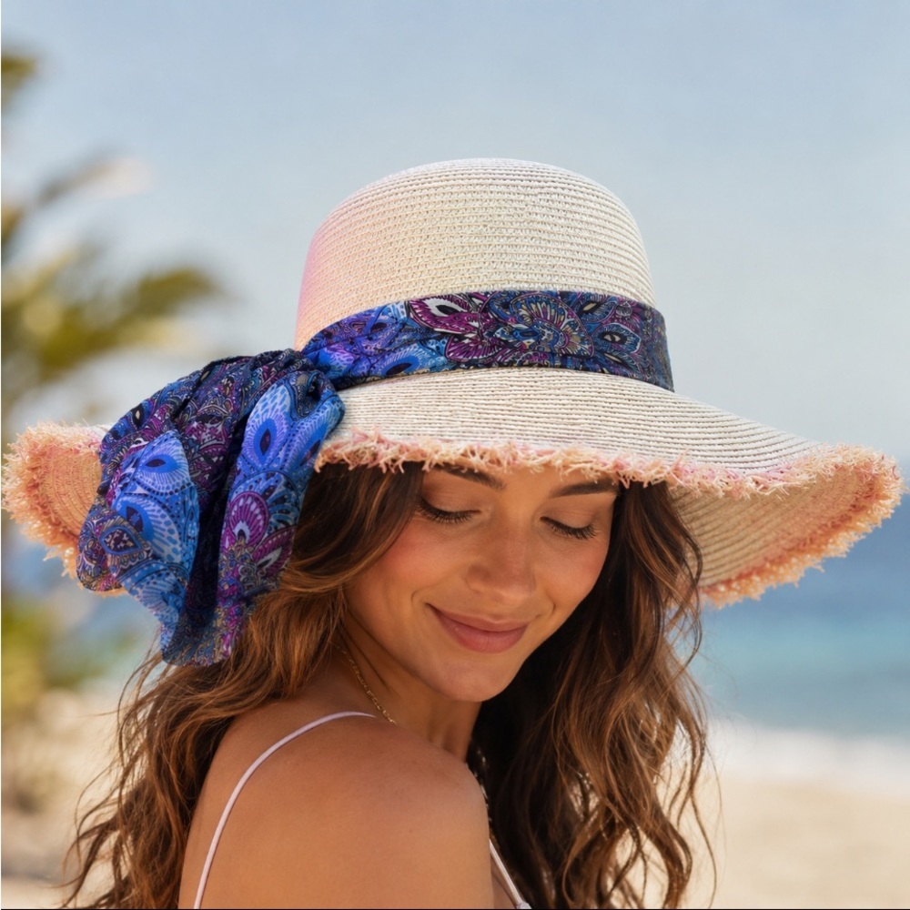la vie en Rose aqua Wide Brim Straw Sun Hat with Blue Paisley Scarf Accent